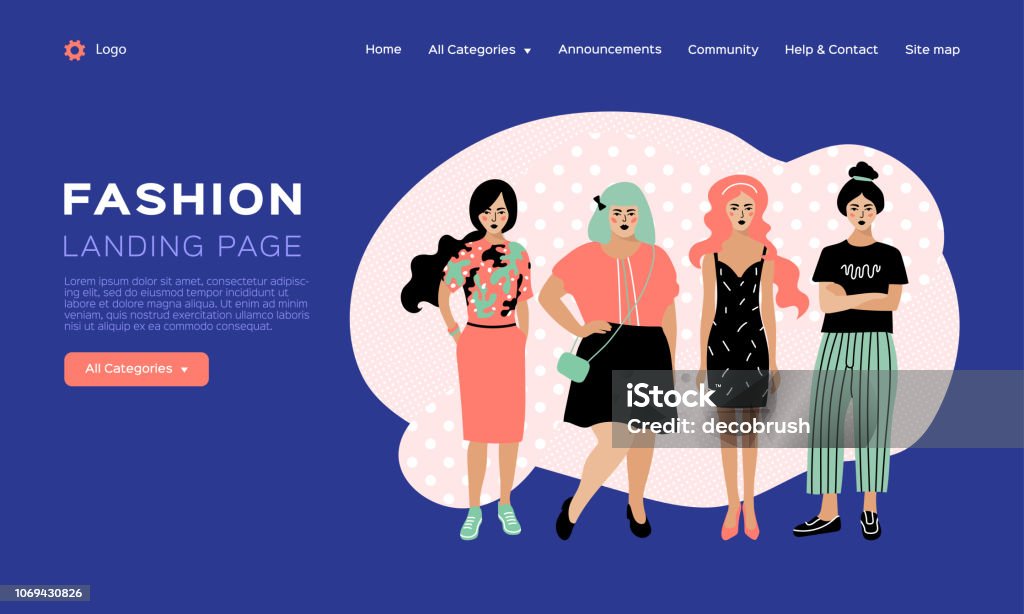 Web page design template for fashion, clothing catalog. Beauty landing page, Clothing store web template. Four young stylish women. Vector flat design Web page design template for fashion, clothing catalog. Beauty landing page, Clothing store web template. Four young stylish women. Vector flat illustration Adult stock vector