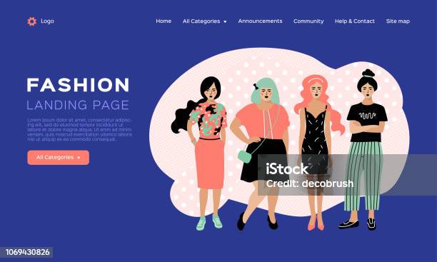 Web Page Design Template For Fashion Clothing Catalog Beauty Landing Page Clothing Store Web Template Four Young Stylish Women Vector Flat Design Stock Illustration - Download Image Now
