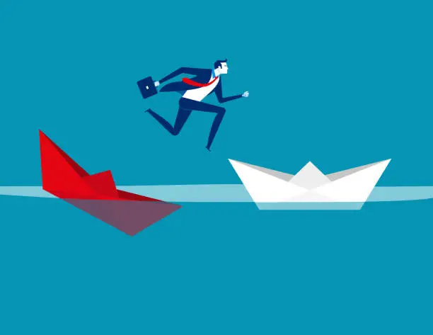 Vector illustration of Businessman escaping sunken paper boat ship. Concept business vector illustration, Flat character design, Cartoon business style.