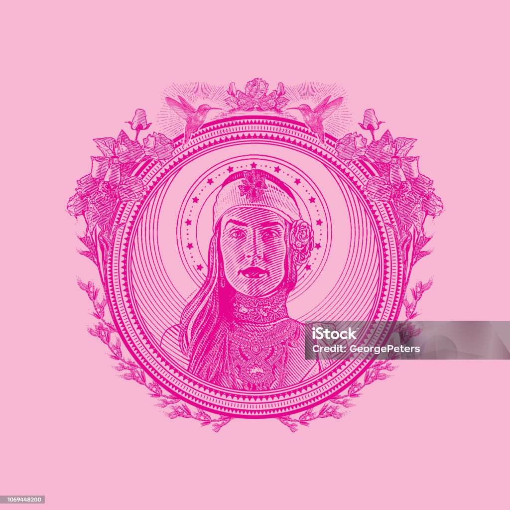 Earth Goddess in decorative circle frame surrounded by hummingbirds and flowers Engraving of a beautiful Earth Goddess in decorative circle frame surrounded by hummingbirds, roses and purple salvia Circle stock vector