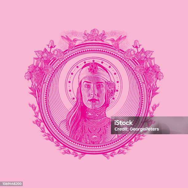 Earth Goddess In Decorative Circle Frame Surrounded By Hummingbirds And Flowers Stock Illustration - Download Image Now