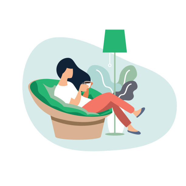 Young woman sitting on modern chair  relaxing in her living room drinking coffee or tea,.Vector illustration cartoon character Young woman sitting on modern chair  relaxing in her living room drinking coffee or tea,.Vector illustration cartoon character day drinking stock illustrations