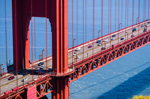 Aerial view of traffic on Golden Gate Bridge, San Francisco, California