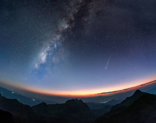 istock Milky way galaxy with shooting star at twilight sunset 1069453618