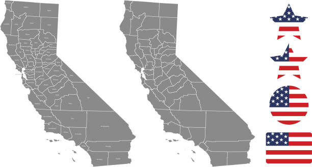 zarys wektora mapy hrabstwa kalifornia w szarym tle. mapa stanu kalifornia w usa z oznaczonymi nazwami hrabstw i projektami ilustracji wektorowych flag stanów zjednoczonych - central california illustrations stock illustrations