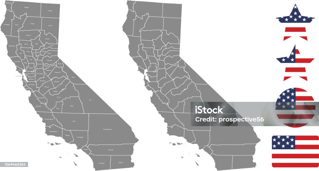 California county map vector outline in gray background. California state of USA map with counties names labeled and United States flag vector illustration designs Map stock vector