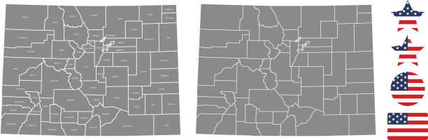 zarys wektora mapy hrabstwa kolorado w szarym tle. mapa stanu kolorado w usa z oznaczonymi nazwami hrabstw i projektami ilustracji wektorowych flag stanów zjednoczonych - map cartography washington dc tennessee stock illustrations