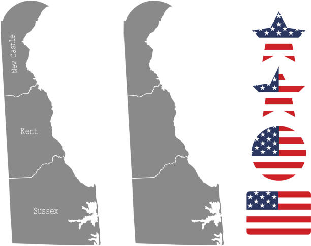 Delaware county map vector outline in gray background. Delaware state of USA map with counties names labeled and United States flag vector illustration designs Delaware county map vector outline in gray background. Delaware state of USA map with counties names labeled and United States flag vector illustration designs delaware us state stock illustrations