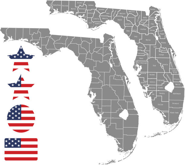 Florida county map vector outline in gray background. Florida state of USA map with counties names labeled and United States flag vector illustration designs The maps are accurately prepared by a GIS and remote sensing expert. emerald isle north carolina stock illustrations