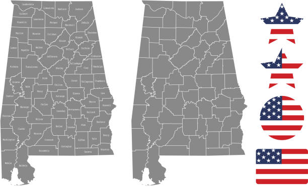 Alabama county map vector outline in gray background. Alabama state of USA map with counties names labeled and United States flag vector illustration designs The maps are accurately prepared by a GIS and remote sensing expert. alabama stock illustrations