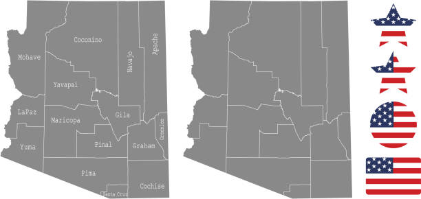 illustrazioni stock, clip art, cartoni animati e icone di tendenza di struttura vettoriale della mappa della contea dell'arizona in sfondo grigio. mappa dello stato degli stati uniti dell'arizona con i nomi delle contee etichettati e i disegni delle illustrazioni vettoriali della bandiera degli stati uniti - holbrook