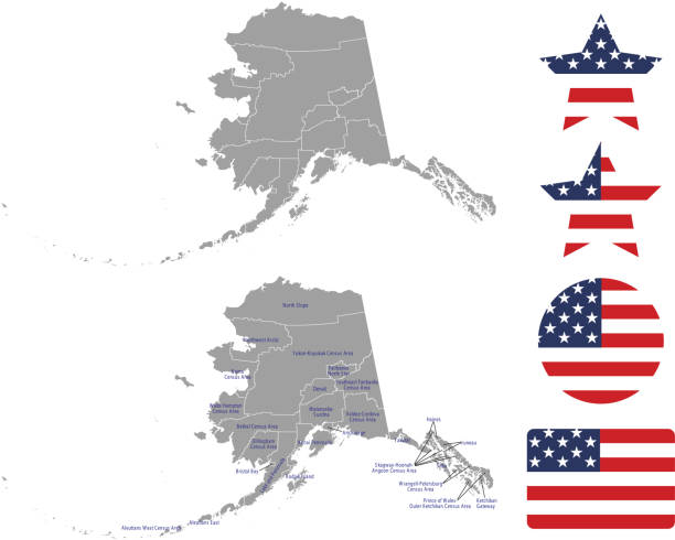 Alaska county map vector outline in gray background. Alaska state of USA map with counties names labeled and United States flag vector illustration designs The maps are accurately prepared by a GIS and remote sensing expert. alaska us state stock illustrations