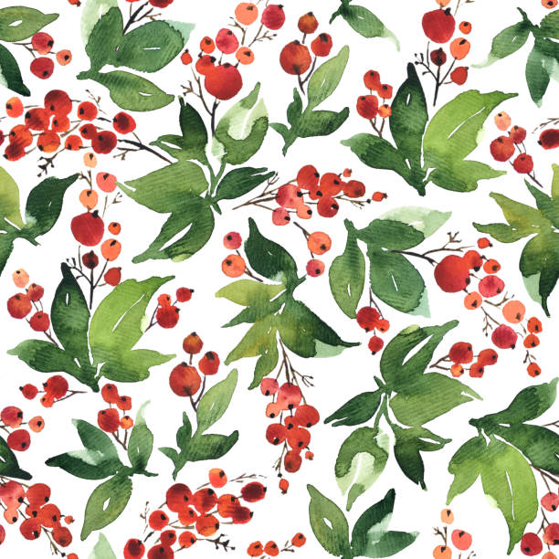 ホリーと赤い漿果を持つクリスマス水彩シームレス パターン - christmas holly backgrounds pattern点のイラスト素材／クリップアート素材／マンガ素材／アイコン素材