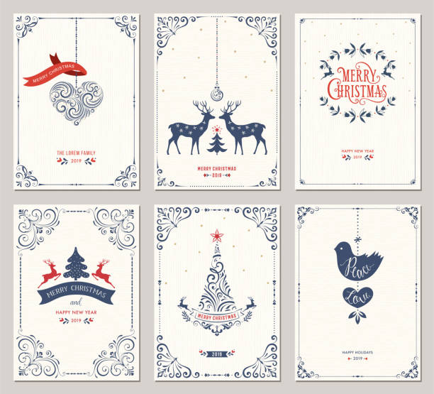 Ornate vertical winter holidays greeting cards with New Year tree, reindeers, Christmas ornaments, dove, swirl frames and typographic design. Vector illustration.