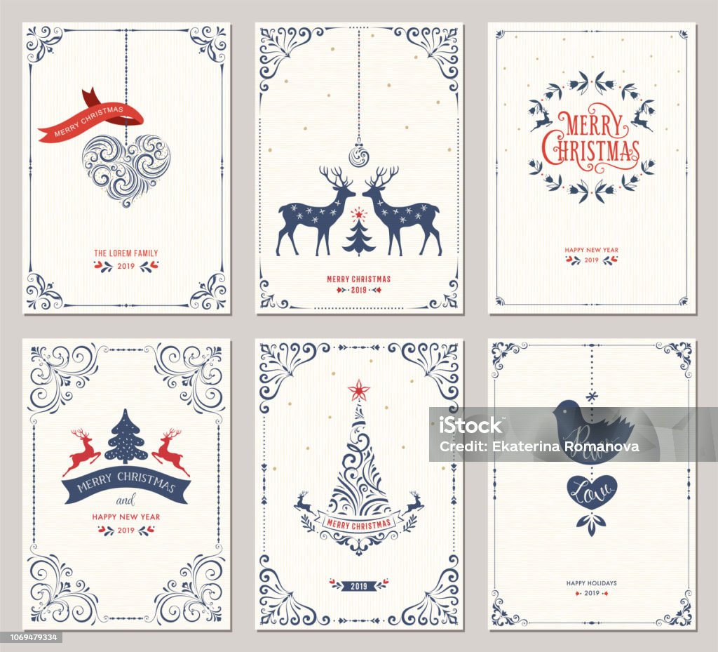 Ornate Christmas Greeting Cards_01 Ornate vertical winter holidays greeting cards with New Year tree, reindeers, Christmas ornaments, dove, swirl frames and typographic design. Vector illustration. Christmas stock vector