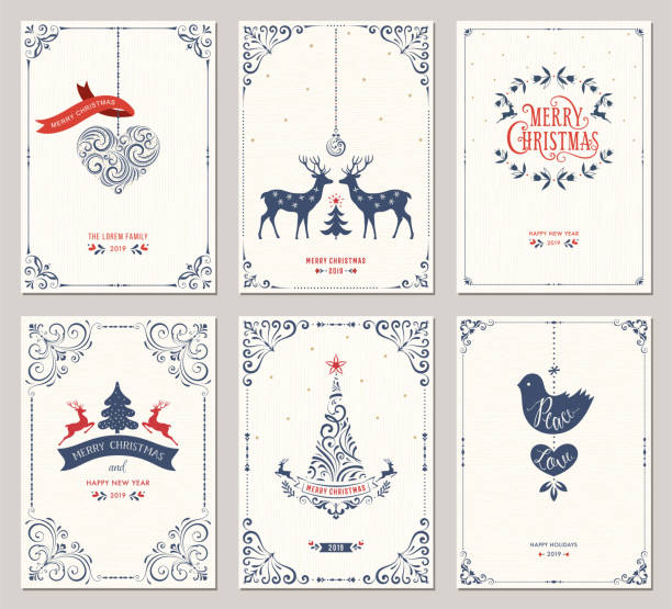 Ornate Christmas Greeting Cards_01 Ornate vertical winter holidays greeting cards with New Year tree, reindeers, Christmas ornaments, dove, swirl frames and typographic design. Vector illustration. bird borders stock illustrations
