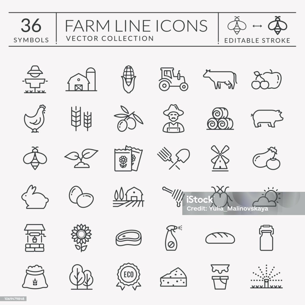 Granja y agricultura de vectores iconos de la línea. Movimiento editable. - arte vectorial de Ícono libre de derechos