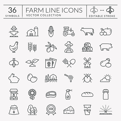 Farming and agriculture line icon set. Vector isolated farm and countryside outline symbols: cereal crop, fruit, vegetables, dairy products, fresh meal, animals, plants, equipment. Editable stroke.