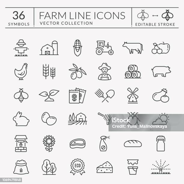 Farm And Agriculture Vector Line Icons Editable Stroke Stock Illustration - Download Image Now