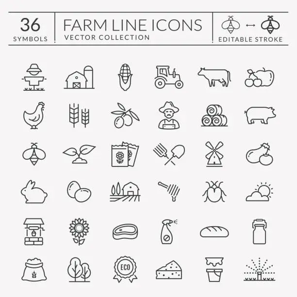 Vector illustration of Farm and agriculture vector line icons. Editable stroke.
