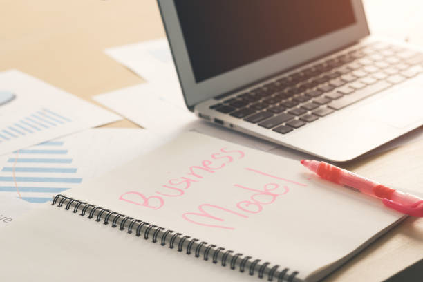 istock Opened notebook page with word business model with blank screen laptop, pink marker pen and business documents on wooden table in office. 1069481966