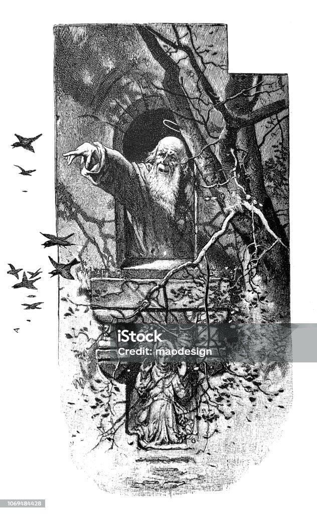 Holy monk feeds birds through a window - 1896 Angel stock illustration