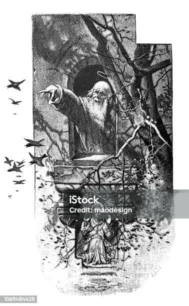 Holy Monk Feeds Birds Through A Window 1896 Stock Illustration - Download Image Now - Angel, Engraved Image, Engraving