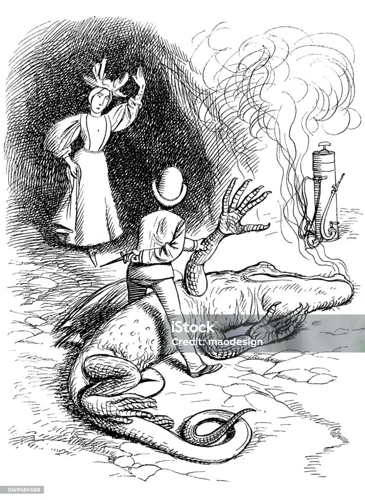 Firefighter extinguished fire from dragon's mouth - 1896 Chinese Dragon stock illustration