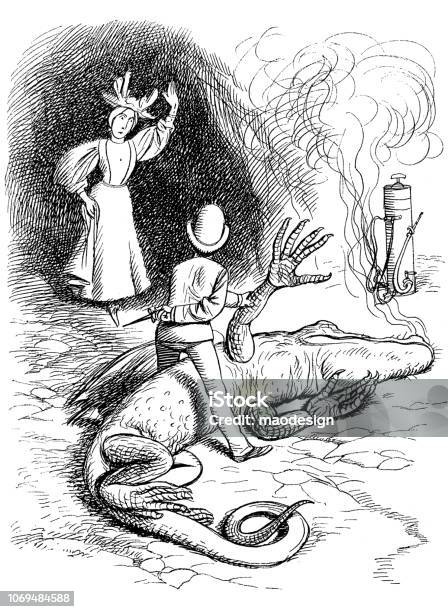 Firefighter Extinguished Fire From Dragons Mouth 1896 Stock Illustration - Download Image Now