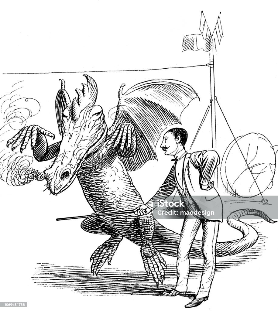 Dragon training in a circus - 1896 Engraving stock illustration