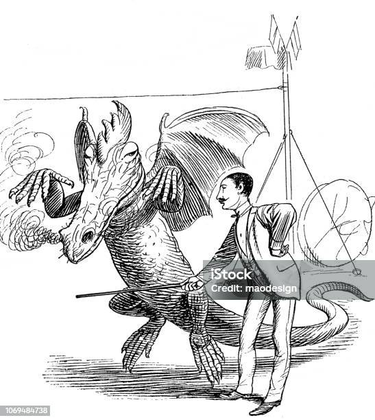 Dragon Training In A Circus 1896 Stock Illustration - Download Image Now - Engraving, Animal, Circus