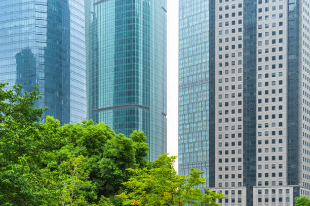 istock Details of a modern office building with green trees 1069484904
