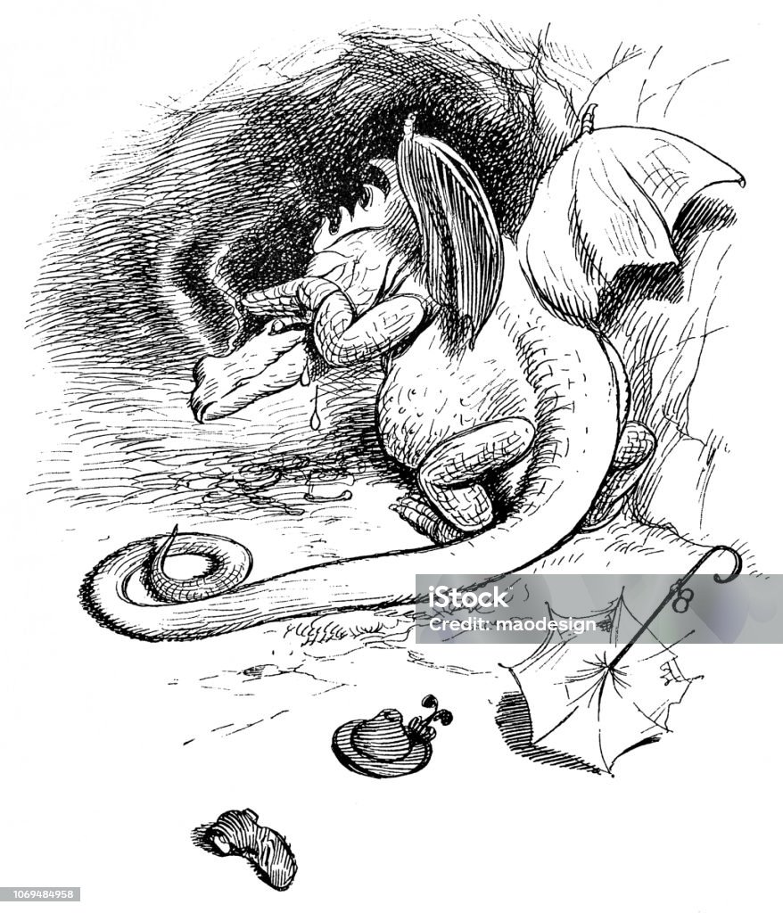 Dragon is crying after he has eaten a man - 1896 Dragon stock illustration