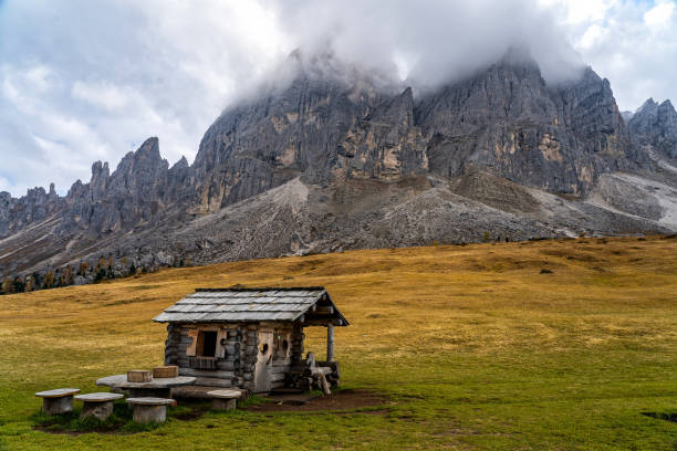 山の草で覆われた草原に木の小屋。 - mountain rock sun european alps ストックフォトと画像