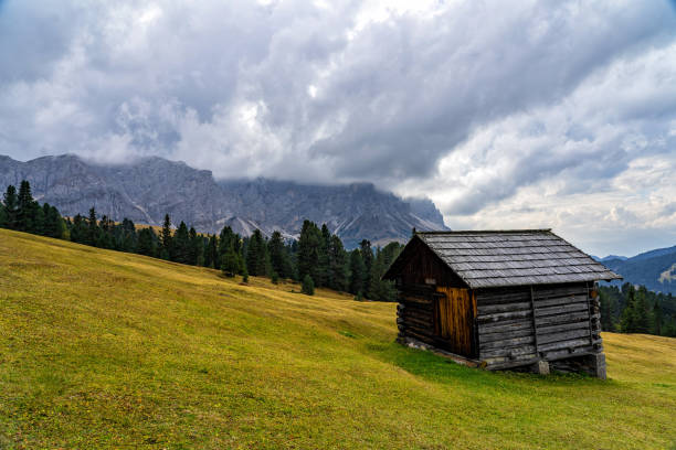 istock Wooden shed on a grassy meadow in a mountains. 1069488352