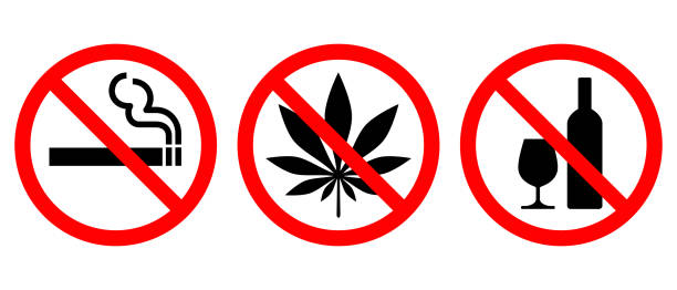 Prohibited signs 2 Set of prohibiting signs isolated on white background. Symbols: do not smoke, no alcohol, no drugs. Icons vector illustration cannabis narcotic stock illustrations
