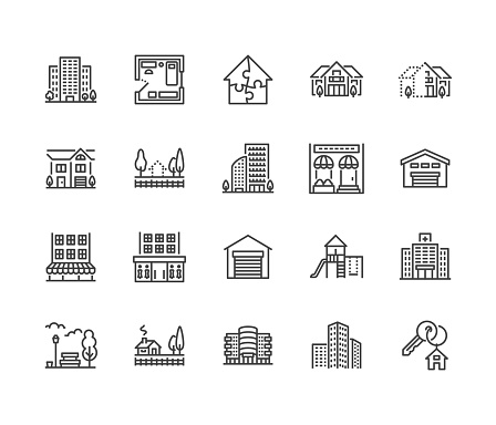Real estate flat line icons set. House sale, commercial building, country home area, skyscraper, mall, kindergarten vector illustrations. Infrastructure signs. Pixel perfect 64x64. Editable Strokes.