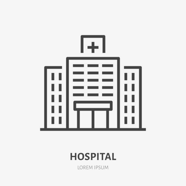 ilustrações, clipart, desenhos animados e ícones de ícone de linha plana do hopital. vector sinal fina de clínica médica, logotipo da policlínica. cuidados de saúde edifício exterior ilustração - hopital