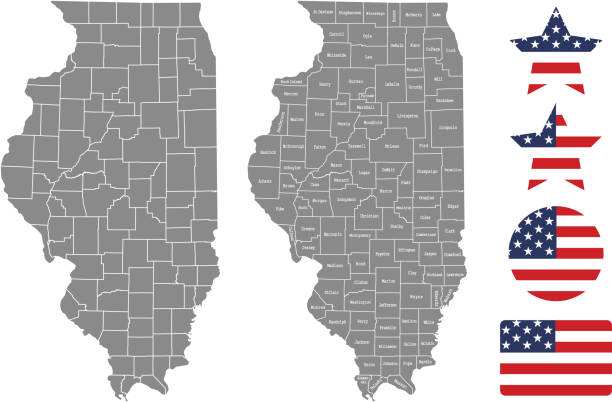 회색 배경에서 일리노이 카운티 지도 벡터 개요. 일리노이 주의 미국의 지도 군 이름으로 분류 하 고 미국 국기 벡터 일러스트 레이 션 디자인 - cumberland county stock illustrations