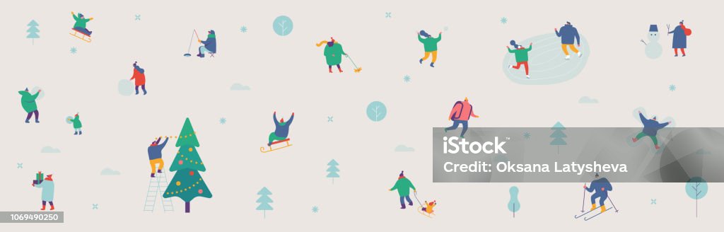 Vector simple pattern on winter holiday season and Christmas. Snowy city park horizontal banner. People have outdoor activities -skating, skiing, sledding. Winter season background.  Flat vector horizontal illustration. Winter stock vector