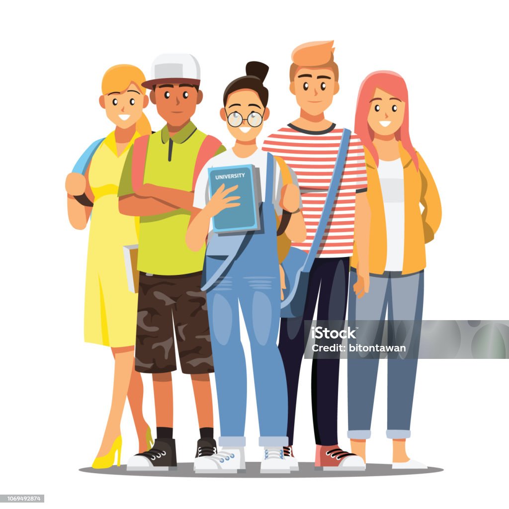 Happy Group Of Teen University Student Vector Illustration Cartoon  Character Stock Illustration - Download Image Now - iStock