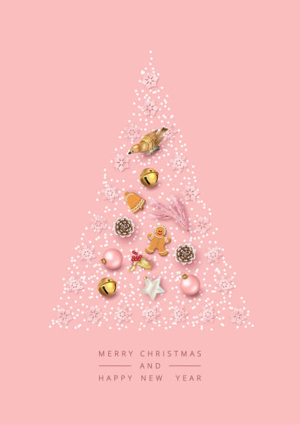 Christmas Top View Background Merry Christmas and Happy new year top view background. Christmas greeting illustration with festive decoration. Minimalistic design pink christmas tree stock illustrations