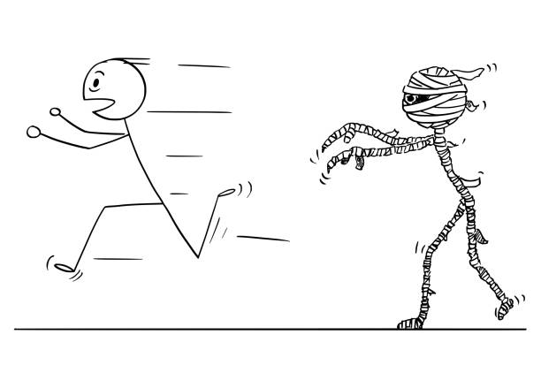 ilustraciones, imágenes clip art, dibujos animados e iconos de stock de caricatura de hombre asustado huyendo de momia - running mummified horror spooky