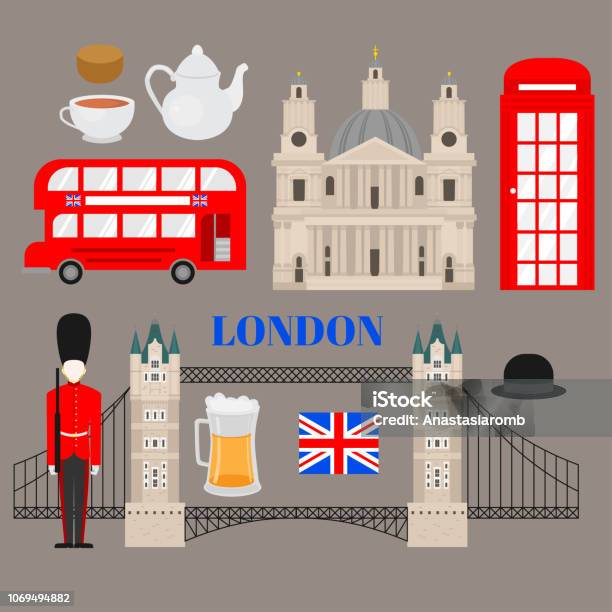 Flat United Kingdom London Travel Icon Landmark Traditional Food Great Britain Travel Vacation Sightseeing Stock Illustration - Download Image Now