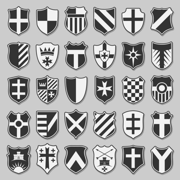 ilustrações de stock, clip art, desenhos animados e ícones de set of heraldic shields - crown black banner white