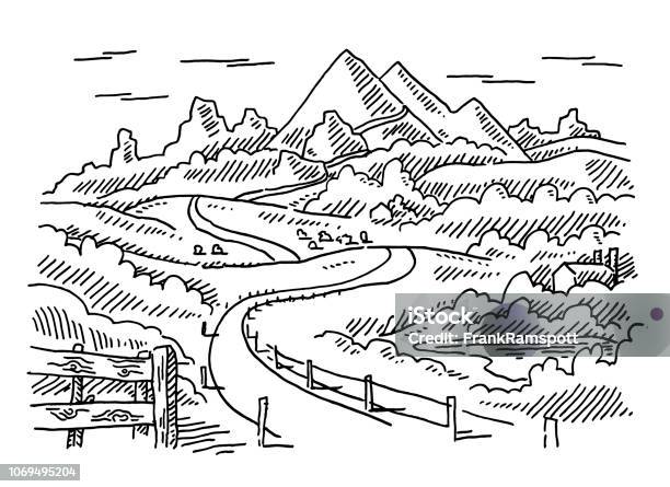 Rural Mountain Landscape Drawing Stock Illustration - Download Image Now - Landscape - Scenery, Line Art, Sketch