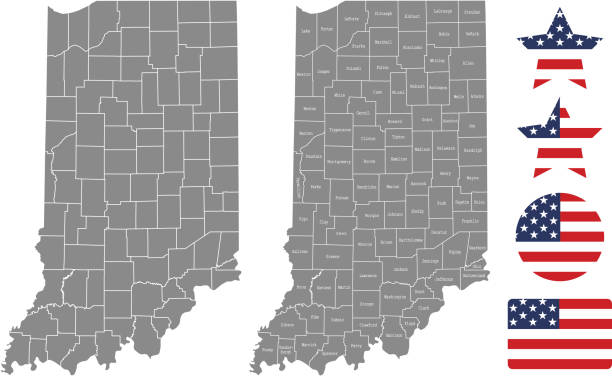 Indiana county map vector outline in gray background. Indiana state of USA map with counties names labeled and United States flag vector illustration designs The maps are accurately prepared by a GIS and remote sensing expert. morgan county stock illustrations