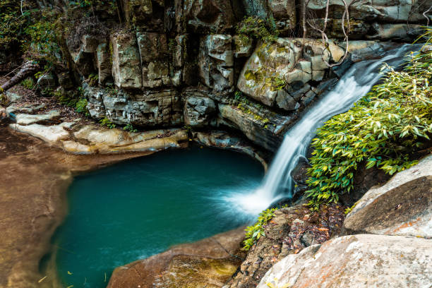 cachoeira cai na piscina de pedra - non urban scene standing water waterhole landscape - fotografias e filmes do acervo