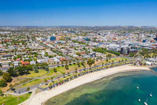 Aerial photo of city centre of Geelong in Victoria, Australia