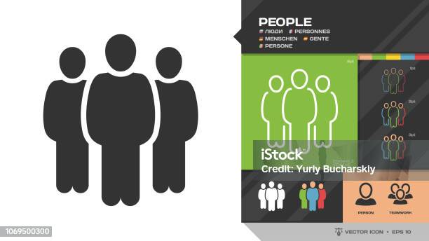 Vector People Group Black Silhouette And Editable Stroke Thin Outline Single Color Icon With Person And Teamwork Symbols Stock Illustration - Download Image Now